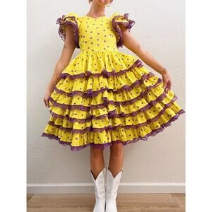 Vintage 1970's Yellow Purple Polka Dot Ruffle Lace Tiered Midi Dress